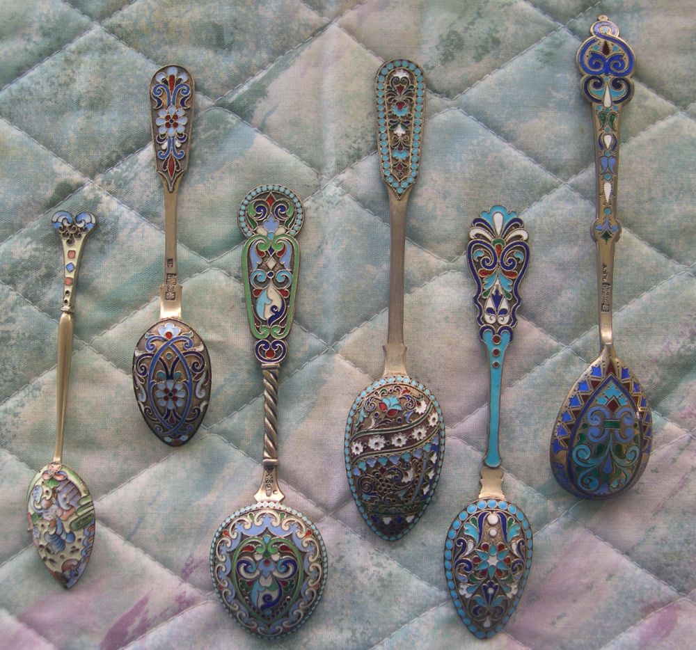 Russian enamel cloissone silver spoons
