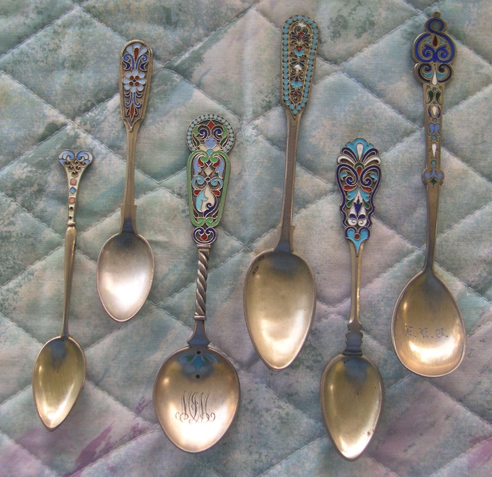 russian cloissone enamel silver spoons