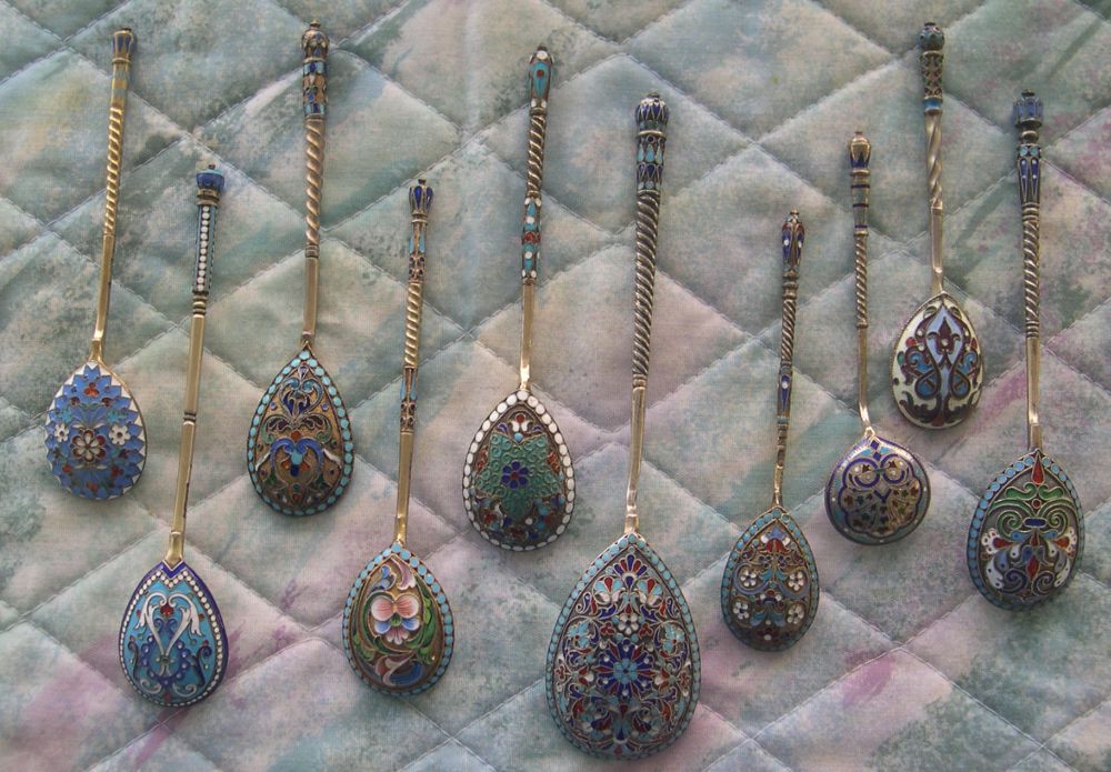 Russian cloissone enamel silver spoons