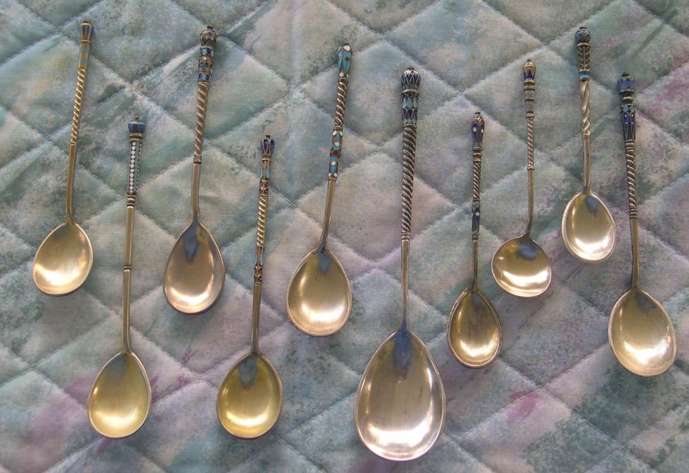 russian cloissone silver enamel spoons